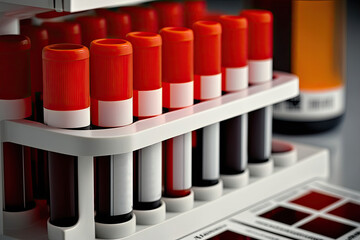Blood samples in test tubes with red caps and white labels - generative AI, generative, AI