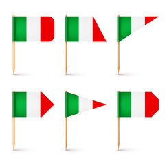 Realistic various Italian toothpick flags. Souvenir from Italy. Wooden toothpicks with paper flag. Location mark, map pointer. Blank mockup for advertising and promotions. Vector illustration
