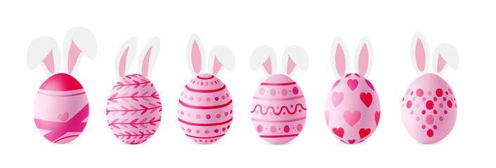 Set of funny pink Easter eggs with bunny ears on white background