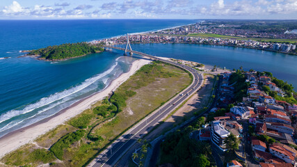 Aerial view of Ilheus, tourist town in Bahia. Historic city center with famous bridge in the background.