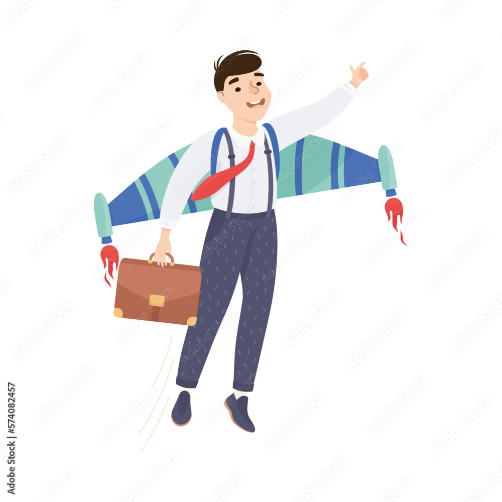 Poster Businessman flying with wings. Business success, creative idea, innovation, start up concept cartoon vector illustration