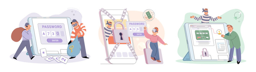 Hacker activity. Hacking computer. Phishing account, steal data, cyber attack. Stealing password. Cyber crime, theft personal information, cyber security spy access. Internet fraud scenes set metaphor