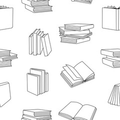 Books outline seamless pattern. Closed and open books line background. Literature, dictionaries, planners hand drawn pattern. Vector illustration