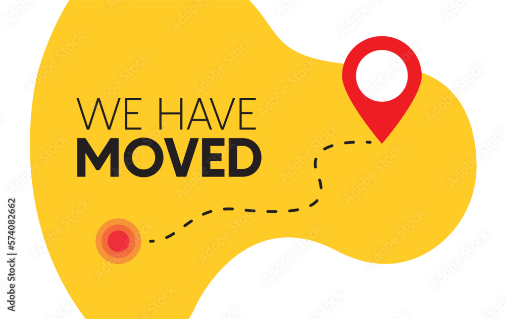 Aufkleber We have moved. Navigation map with pointers. Map location with changed the address. Advertising banner with city map. Vector illustration 10 eps.