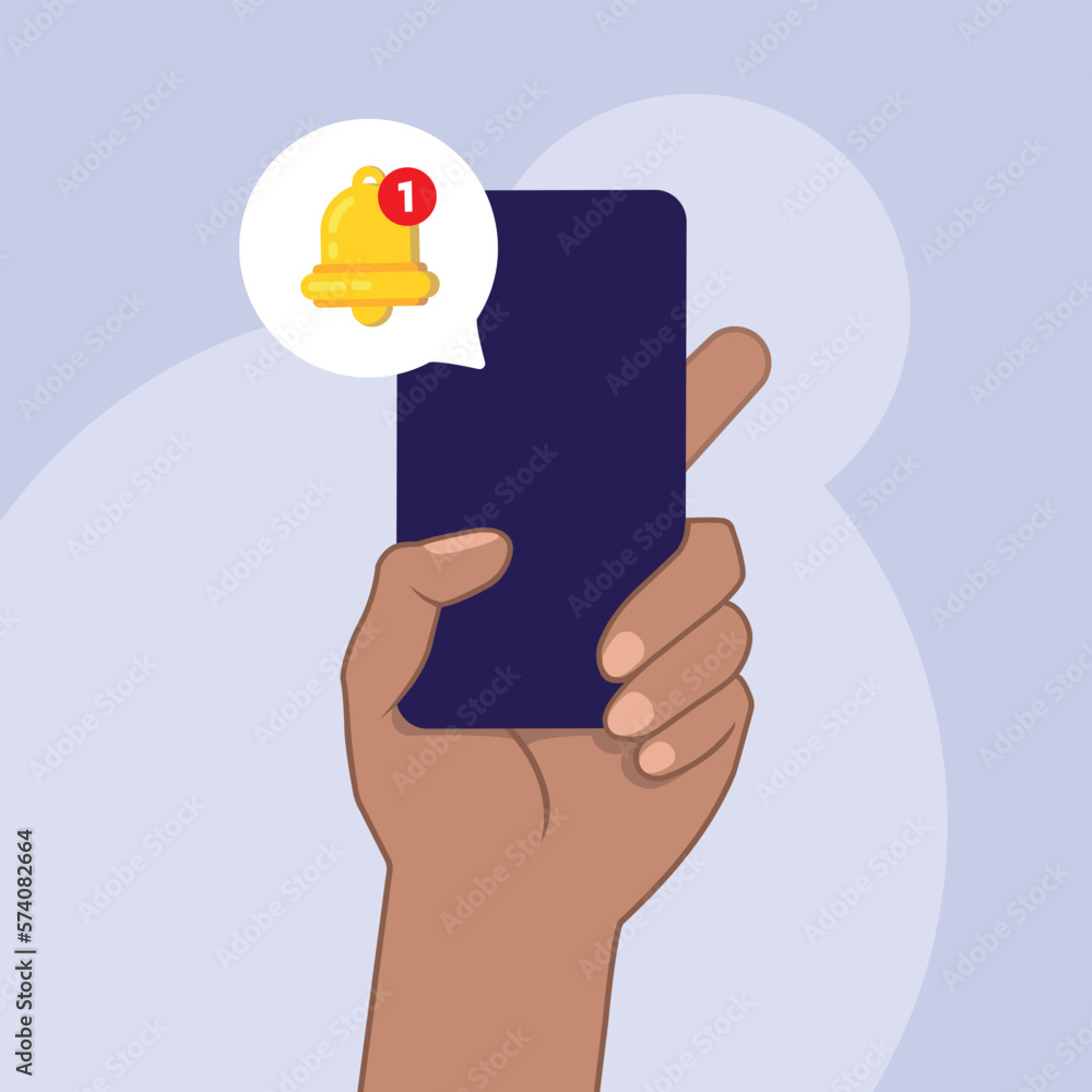 Poster Hand holds phone with notification. Alert message on smartphone screen. New notification arrived. Notification concept of new message or other notice. Unread email. Vector 10 eps.