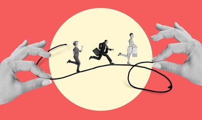 Creative collage of cobusiness team walking on rope