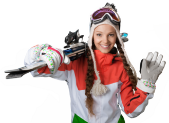 Happy Young Female Snowboarder on Isolated White Background