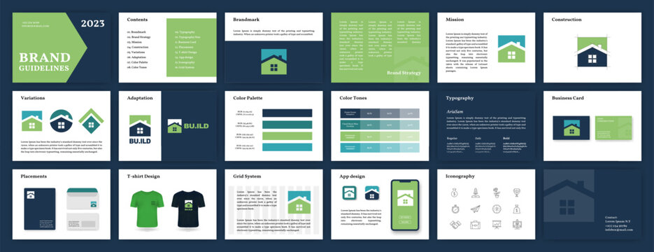 Blue and Green Brand Guidelines template. Brand Identity presentation. Logo Guideline template. Logo Guide Book. Logotype presentation
