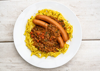 Lentils Vegetables Spätzle Pasta Frankfurter Wiener Saiten Gemüse Spätzle Nudeln Frankfurter Wiener Saiten 
