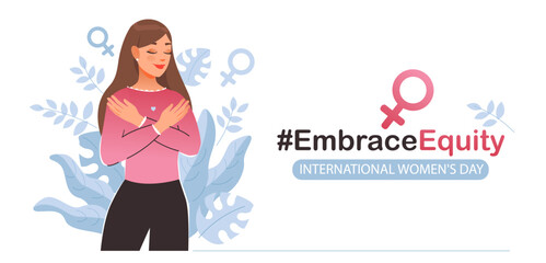 Embrace equity, vector template for web or postcard. International Women's Day, campaign theme #EmbraceEquity. 
