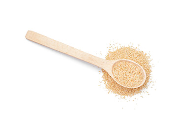 Wooden spoon of amaranth seeds on white background