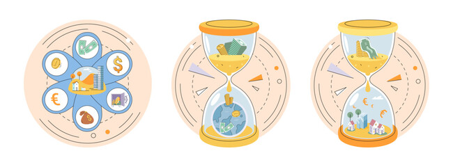 Time and money, deferred payment, financial system of global economy, capital investment, business timer countdown. Hourglass with coins and money turn into planet. World stock exchange vector set
