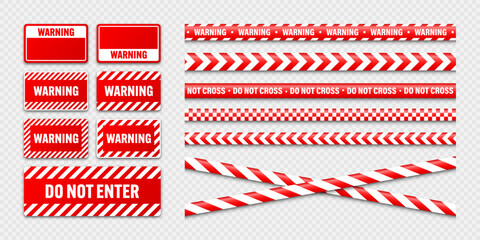 Various barricade construction tapes and warning shields. Red police warning line, brightly colored danger or hazard stripe, ribbon. Restricted area, zone. Attention symbol. Vector illustration - obrazy, fototapety, plakaty