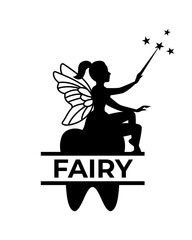 Fairy sitting on the tooth. Dental monogram. Little creature with wings. Magical tooth fairy creature logo. Mythical tale character