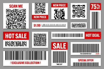 Set of product barcodes and QR codes. Special offer, sale stickers, shopping discount label or promotional badge. Serial number, product ID. Supermarket retail label, price tag. Vector illustration