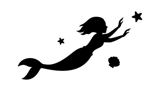 Mermaid black silhouette. Little creature with tail. Magical mermaids logo. Mythical tale character in water