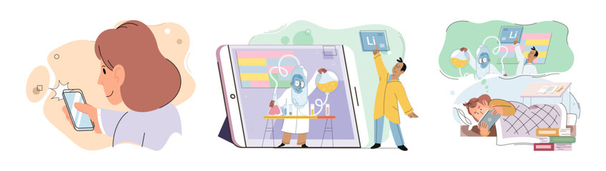 Happy little kid using tablet, child watching smartphone while eating at kitchen at home. Irritated mom is nervous that kid is distracted during feeding and spends too much time with gadgets