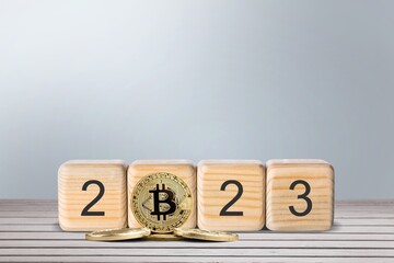set of wooden cubes of 2023 numbers and bitcoin