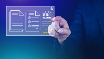 Electronic Signature Concept, Electronic Signing Businessman signs electronic documents on digital documents on virtual laptop screen using stylus pen, Paperless workplace idea.