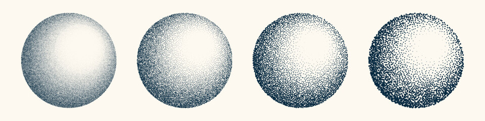 Round shaped dotted objects, vintage stipple elements. Fading gradient. Stippling, dotwork drawing, shading using dots. Halftone disintegration effect. White noise grainy texture. Vector illustration