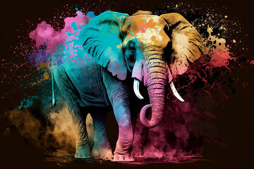 Elephant playfully covered in multicolored powders, Holi Festival in India or Nepal. Vibrant pigments of Holi powders. Spring Festival. The Hindu festival of colors. Illustration Generative AI.