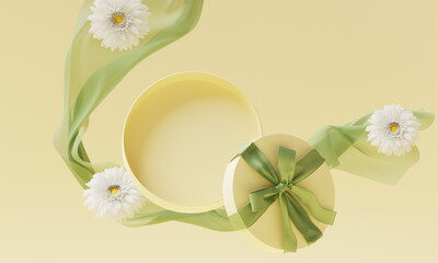 3D background. Yellow gift, open box display for cosmetic product presentation with white
chamomile daisy . Present with pastel green ribbon. Spring branding banner. 3D render shopping mockup	