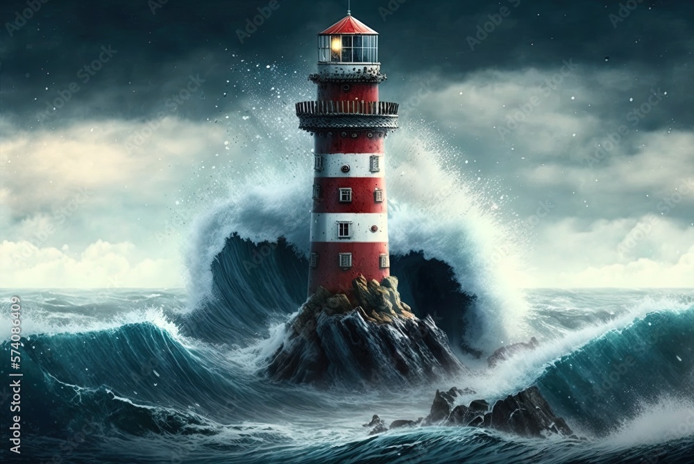 Poster towering sentinel to brave the perilous ocean depths: a refreshing view of a charming lighthouse gen