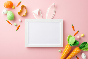 Easter concept. Top view photo of photo frame with easter bunny ears eggs carrots and baking mold on isolated pastel pink background with copyspace