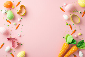 Easter decorations concept. Top view photo of colorful easter eggs carrots chicken and bunny shaped baking molds and sprinkles on isolated pastel pink background with empty space