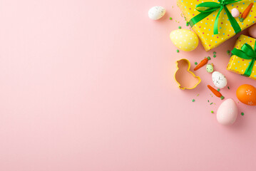 Easter decor concept. Top view photo of yellow present boxes with green bows easter eggs chicken shaped baking mold and carrot shaped sprinkles on isolated pastel pink background with copyspace