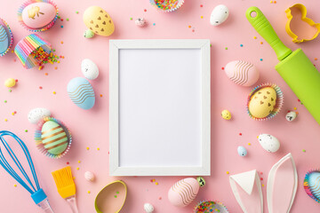 Easter concept. Top view photo of empty photo frame rolling pin whisk brush colorful easter eggs in...