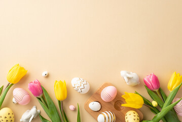 Easter celebration concept. Top view photo of colorful easter eggs in wooden egg holder ceramic rabbits yellow and pink tulips on isolated pastel beige background with copyspace