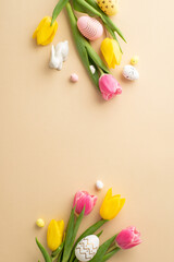 Easter concept. Top view vertical photo of colorful easter eggs ceramic easter bunny yellow and pink tulips on isolated pastel beige background with copyspace