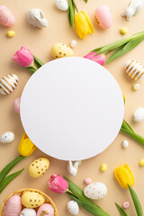 Easter concept. Top view vertical photo of white circle colorful easter eggs in bowl ceramic easter bunnies yellow and pink tulips on isolated pastel beige background with blank space