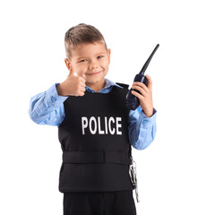 Funny little police officer with radio transmitter showing thumb-up on white background