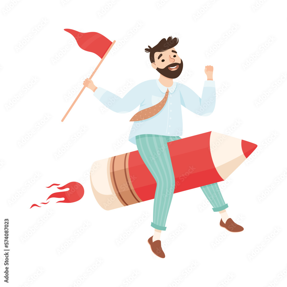 Canvas Prints Successful businessman flying on pencil with flag. Business success, creative idea, innovation, start up concept cartoon vector illustration