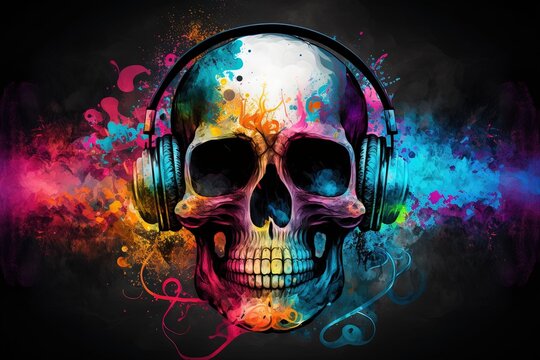 A human skull adorned with vibrant colors set against a musical backdrop, Generative AI