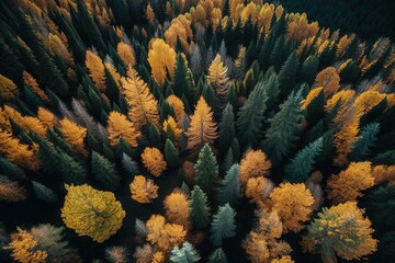 Fototapeta na wymiar Flying a drone above the stunning autumn-colored forest in the mountains, Generative AI
