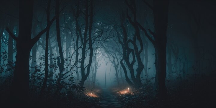 Eerie misty forest at night with volumetric lighting, generative ai