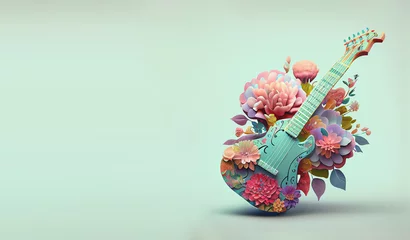 Foto auf Leinwand Guitar acoustic instrument with flowers, music passion concept, pastel colors, generative AI  © Berit Kessler