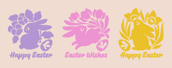 Easter greeting card with cute rabbits and spring flowers. Elegant vector illustration of playful bunnies with lovely pansy, tulip, daffodil and easter eggs