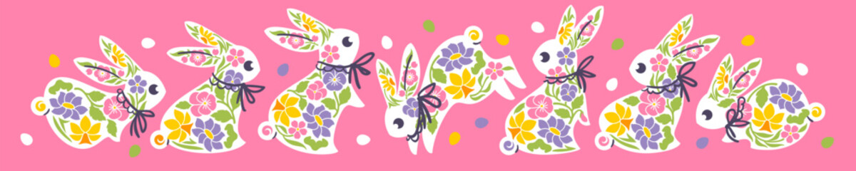 Easter greeting card with cute rabbits and spring flowers. Elegant vector illustration of playful bunnies with lovely multicolored flowers and easter eggs on a pink