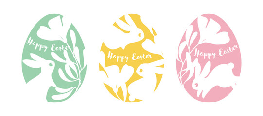 Fototapeta na wymiar Easter egg silhouette with cute bunny and spring flower. Elegant vector illustration of white rabbit and blooming plant. Set of simple Easter greeting cards with floral design