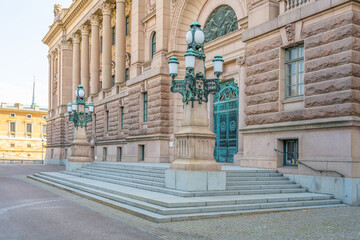 Detailed view of Entrace door to Parliament House, Swedish: Riksdagshuset, the seat of the parliament of Sweden, Swedish: Riksdag. Stockholm in Sweden