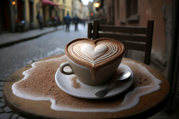 European Street Scene, Cappucino in Heart Shaped Cup, Foam Overflowing, Cinnamon, Saucer and Spoon, Silver Spoon,