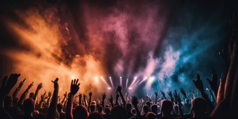 Foto op Plexiglas Vibrant concert crowd with hands raised and colorful light beams, generative ai © Matus