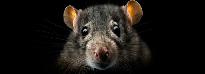 Close up of a rat.  Image of rat head with black background was created with generative ai