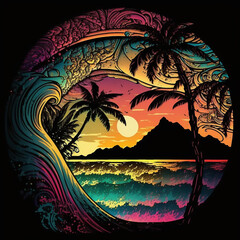 Circular, Psychedlic, Colorful, Island Scene, Palm Trees, Island Silhouette, Sun, Sunset, Orange, Teal, Purple, Yellow, Warm, Brights, Black, Surf, Surfing, Hawaii, Hawaiian, Black Background,