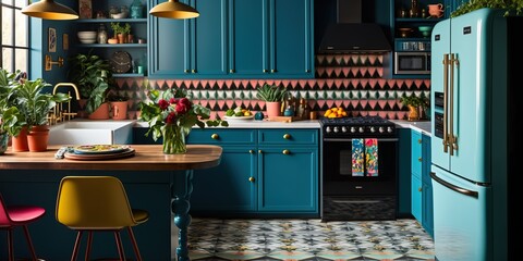 kitchen with bold colorful cabinets patterned countertops and eclectic decor showcasing love of mixing different styles, concept of Vibrant Palette and Eclectic, created with Generative AI technology