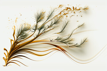 3D Gold Flowing Pine Needle Fir Tree Branches, Gold Splatter, Paint, Abstract, Icon, Decoration Wallpaper, white background